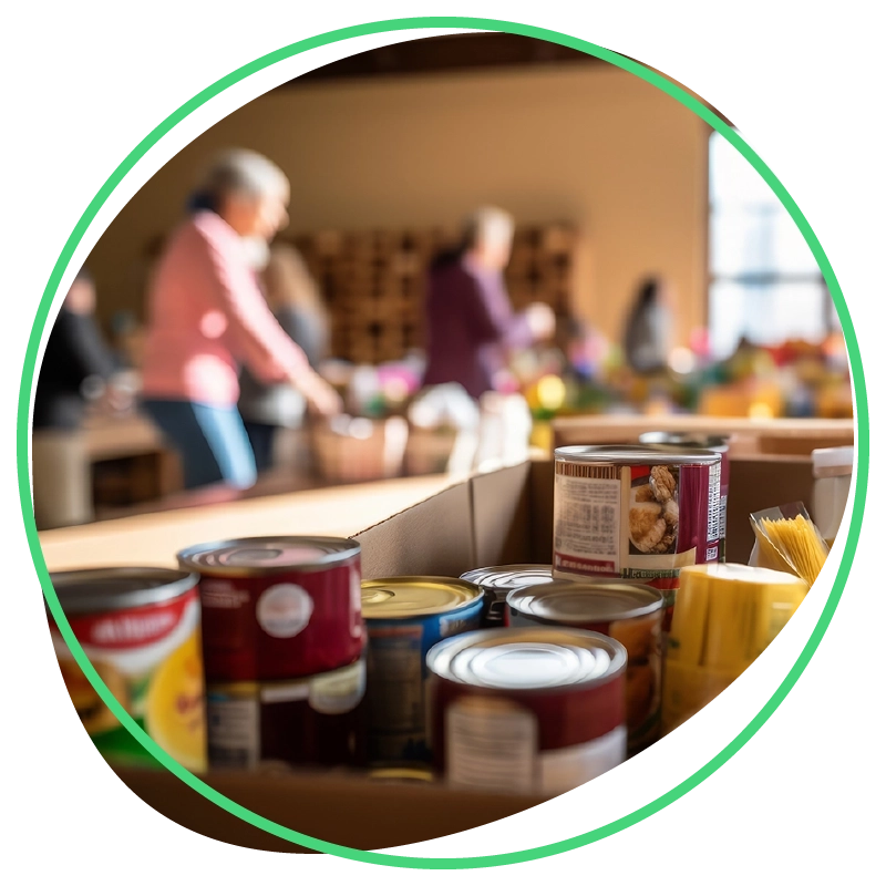 food-assist-the-center Canned goods in a box on a table with volunteers (blurred images) in the background